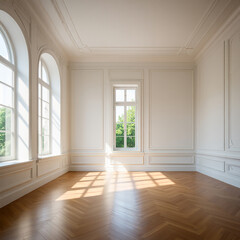 Elegant empty room with large arched windows and parquet flooring