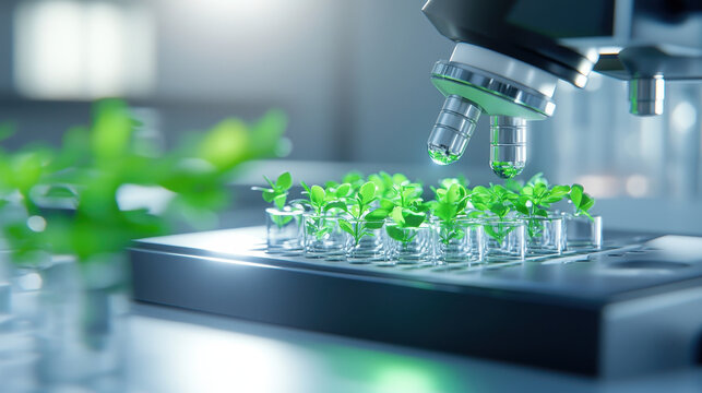 Innovative laboratory setup showcasing green plant sprouts under microscope, emphasizing renewable energy research and growth