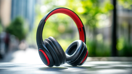 Black & Red Over-Ear Headphones on Outdoor Table