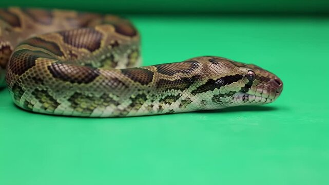 Close-up of a Beautiful Brown and Green Patterned Snake Against a Vibrant Green Studio Background