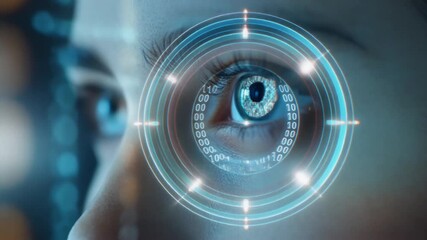 Closeup of woman's eye with reflected computer code for technology and innovation concepts. High-tech eye scanning system with binary code overlay. Artificial intelligence and cybersecurity  - Powered by Adobe
