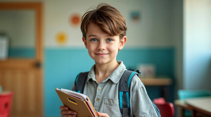 Happy young schoolboy with backpack holding a blue notebook, smiling in a brightly lit classroom.