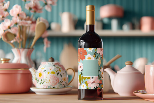 Wine bottle with floral label design surrounded by elegant kitchenware and decorative elements - Powered by Adobe