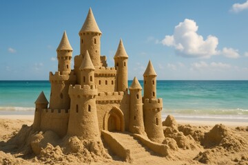 Intricate sandcastle by ocean