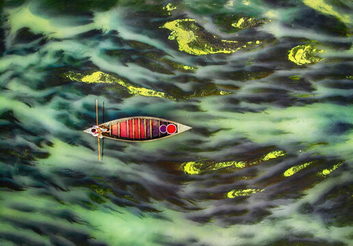 Aerial view of a small boat drifts on the water with a mixture of green and dark tones, Krisokgonj Bazar - Sontola Road, Sirajganj, Rajshahi Division, Bangladesh.
