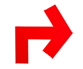 Red adhesive sticky duct tapes in right pointing arrow shape isolated cutout in transparent...