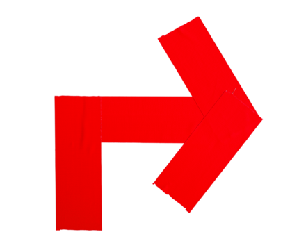 Red adhesive sticky duct tapes in right pointing arrow shape isolated cutout in transparent background. Concept of navigation, direction symbol for path guide sign.