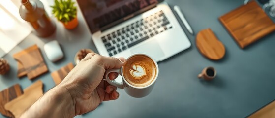 Overhead shot of a gray desk setup with a silver MacBook Pro