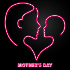 mother's day neon sign, modern glowing banner design, colorful modern design trends on black background. Vector illustration.