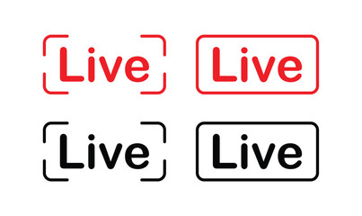 live streaming icon set broadcast, online video, live badge buttons red and black variants