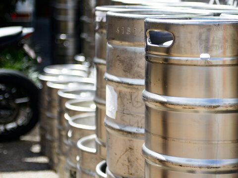 Silver metal beer kegs