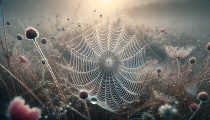 Dew-covered spiderweb glistens in the morning light, suspended between wildflowers and grasses in a misty field.