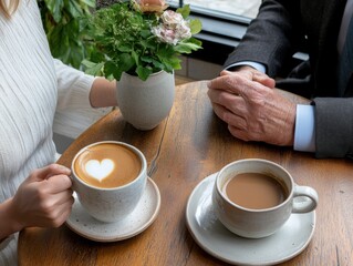 Young woman and senior man enjoying coffee in cozy cafe