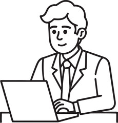 a man sitting on an office chair, working at a computer desk line art, black outline, vector and illustration, coloring book page line art drawing