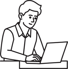 a man sitting on an office chair, working at a computer desk line art, black outline, vector and illustration, coloring book page line art drawing
