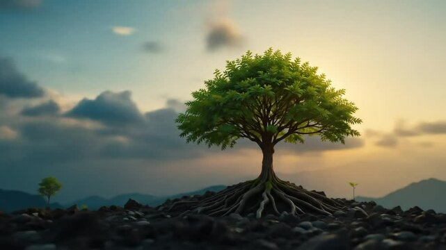 A tree growing on the ground with the sun behind it. commemoration of World Earth Day. 4k video