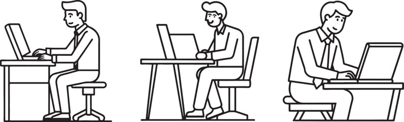 a man sitting on an office chair, working at a computer desk line art, black outline, vector and illustration, coloring book page line art drawing set