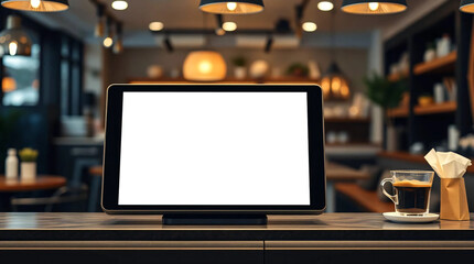 A blank digital information screen stands above a table in a dimly lit modern cafe.
