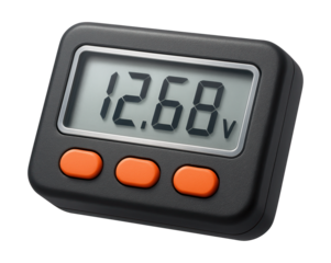 A compact digital voltmeter with a clear LCD display used for monitoring battery levels in home appliances.