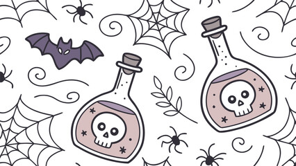 Whimsical halloween pattern featuring cute cartoon bats spiders cobwebs and potion bottles with skull designs on a white background