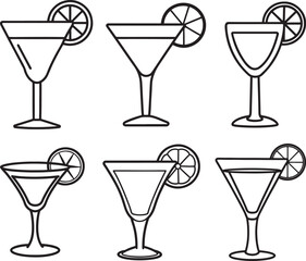 set of Coctail glass with lemon and drinking line art, black outline, vector and illustration, coloring book page line art drawing