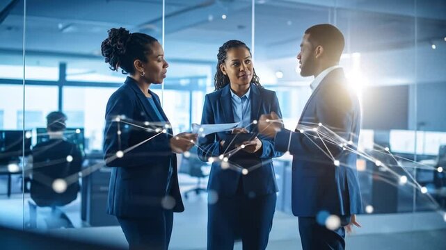 Diverse business team collaborating in modern office with network connection overlay - Powered by Adobe