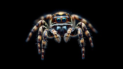 Close up macro shot of a jumping spider with blue eyes on a black background detail