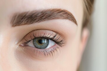Obraz premium Close up of female eye with long eyelashes and perfect eyebrows after microblading treatment