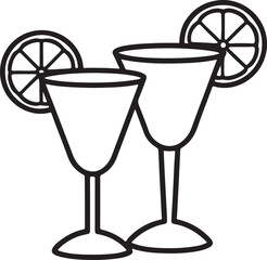 Coctail glass with lemon and drinking line art, black outline, vector and illustration, coloring book page line art drawing