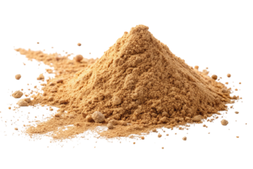 A pile of finely ground ginger powder with small clumps isolated on transparent background
