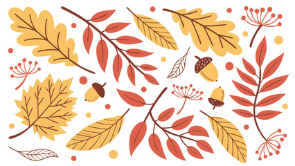 Obraz premium A charming flat design illustration featuring a collection of autumn leaves acorns and seed pods in warm fall colors arranged on a white background