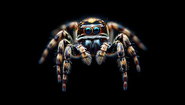 Close up macro shot of a jumping spider with blue eyes on a black background detail - Powered by Adobe