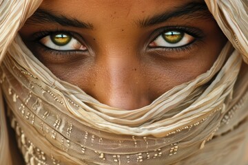 Close up of a north african woman's captivating green eyes, partially covered by a traditional headscarf, conveying depth and cultural heritage