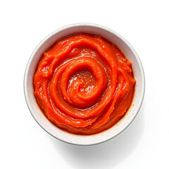Tomato sauce or puree in a bowl isolated on white background. Top view of a red vegetable paste or soup swirled in a spiral, representing healthy eating and cooking ingredients