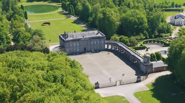 ch&acirc;teau seneffe visitors strolling main structure scene grandeur welcoming grounds for front aerial drone of de belgium engagement explore 