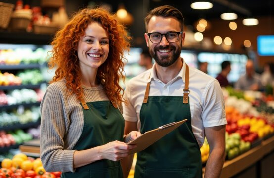 Woman and man working as grocery store employees smiling at camera - Powered by Adobe