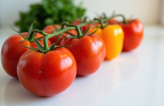 Vibrant red and yellow tomatoes arranged in a row on a white surface - Powered by Adobe