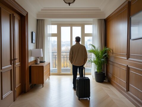Contemplative man in hotel room looking out city view - Powered by Adobe