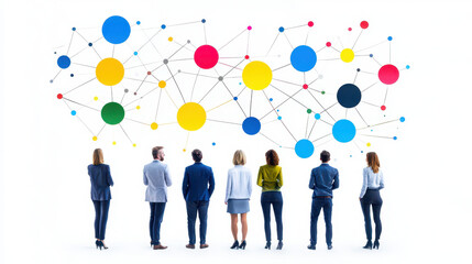 Innovative digital network concept with diverse professionals observing colorful connections. image conveys collaboration and creativity