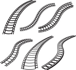 set of curved railroad line art, black outline, vector and illustration, coloring book page line art drawing