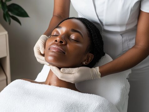 African American woman receiving facial massage in spa - Powered by Adobe