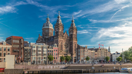 Hyperlapse of the Basilica of Saint Nicholas in Amsterdam's Old Centre near the Central Station. Amsterdam, Netherlands