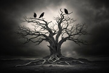 Three black birds perched on a bare tree white monochrome