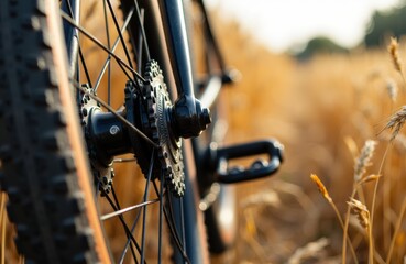 Close-up of a mountain bike's gear and chain in a natural outdoor setting during golden hour