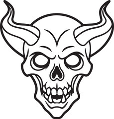 vintage demon skull with horns line art, black outline, vector and illustration, coloring book page line art drawing