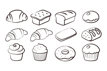 Set of Bakery and Pastry Vector Illustrations, Hand Drawn Bread, Croissant, Muffin, Donut, Cupcake, Dessert Icons Isolated on White Background