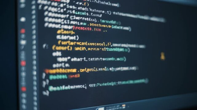 Close up of programming code running on dark computer screen. Programming and coding concept new