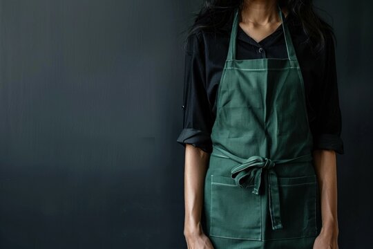 Close up of a waitress wearing a green apron and black shirt, ready to serve in a restaurant