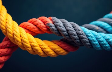 Fototapeta premium Colorful intertwined ropes creating a textured pattern against a dark background