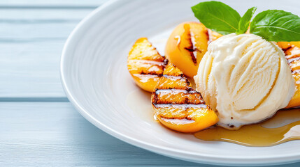 Juicy grilled peach slices served with creamy ice cream and drizzled with syrup create delightful dessert experience